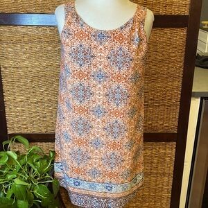 fleur bleve Sz2 sleeveless orange dress with blue floral pattern